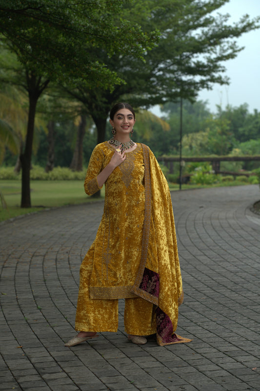 Yellow Designer Velvet Pakistani Suit Set