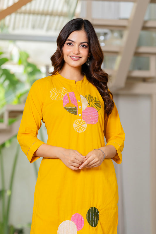 Yellow Embroidered Cotton Kurta and Pant Set