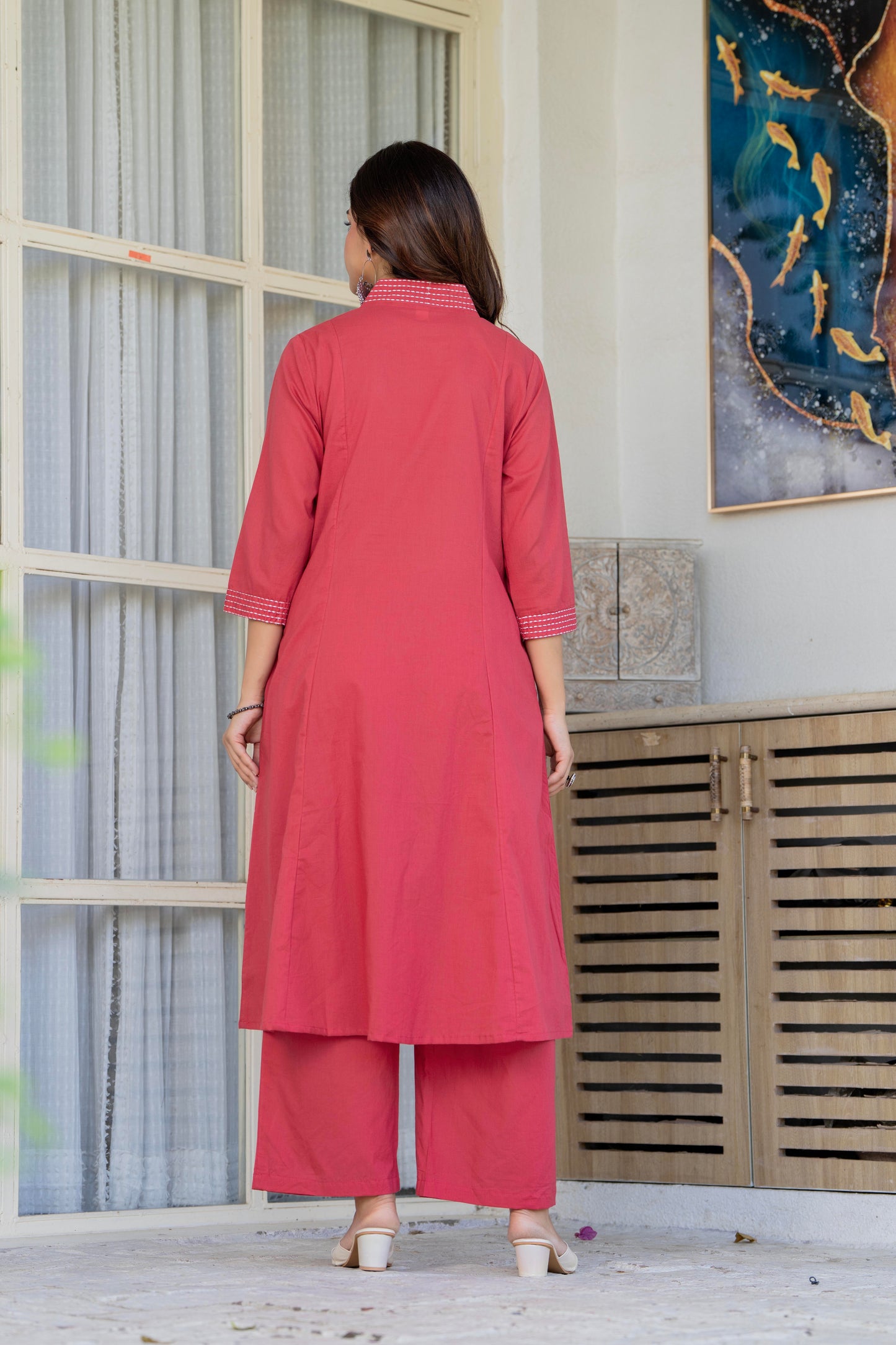 Pastel Red Embroidered Cotton Kurta and Pant Set