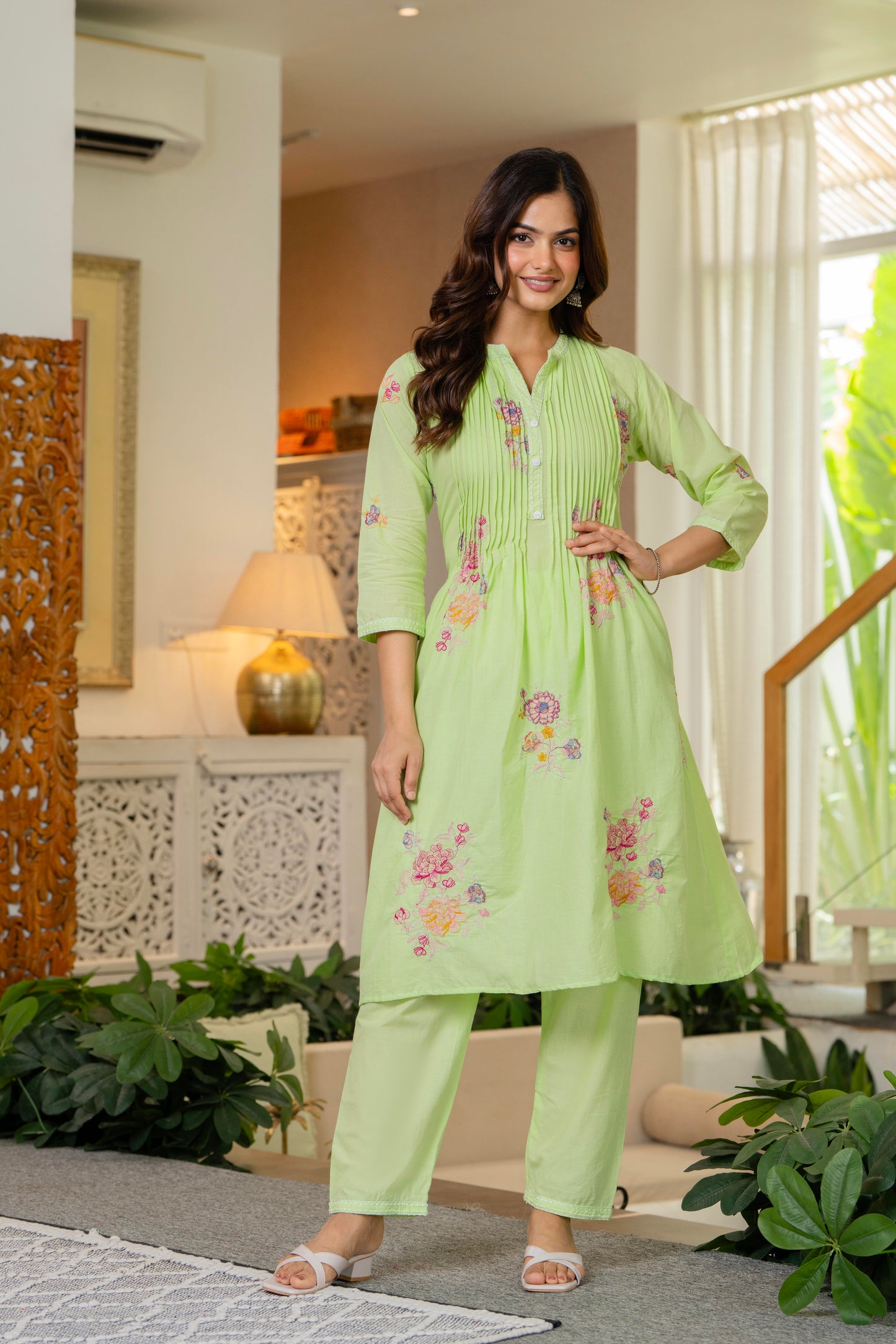 Green Embroidered Printx Work Cotton Co-Ord Set