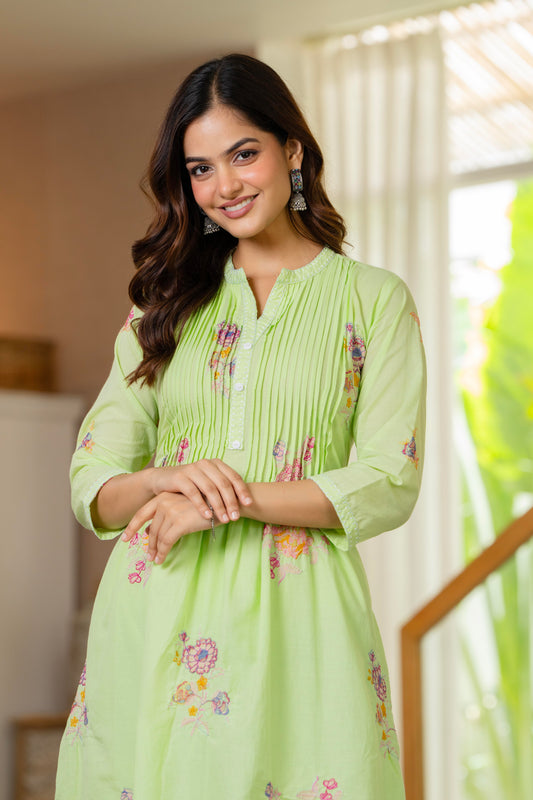 Green Embroidered Printx Work Cotton Co-Ord Set
