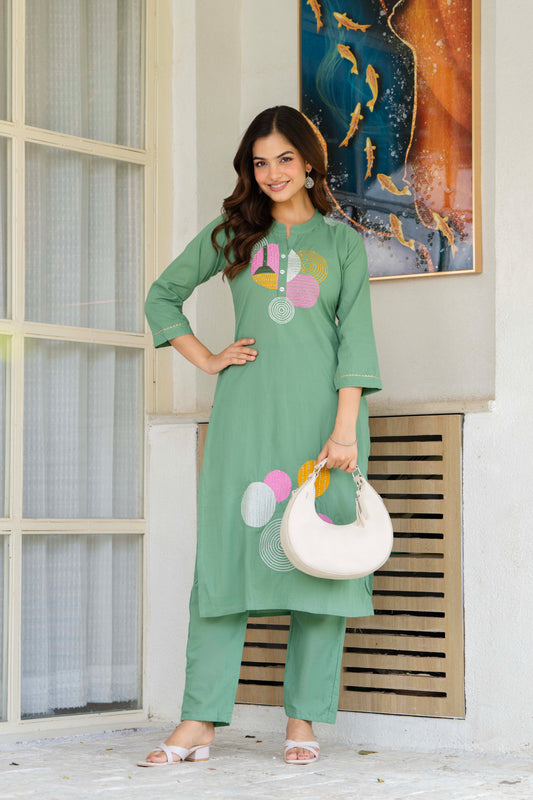 Shadow Green Embroidered Cotton Kurta and Pant Set