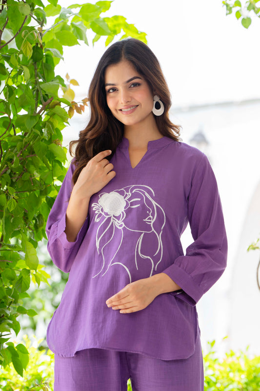 Purple Embroidered Cotton Slub Co-Ord Set