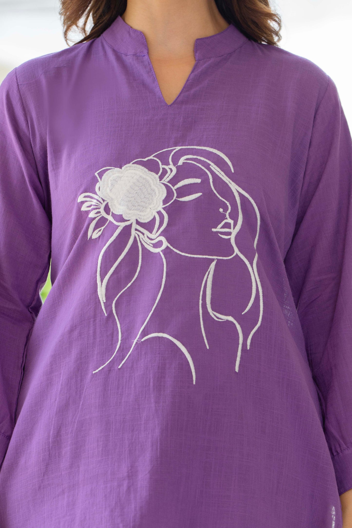 Purple Embroidered Cotton Slub Co-Ord Set