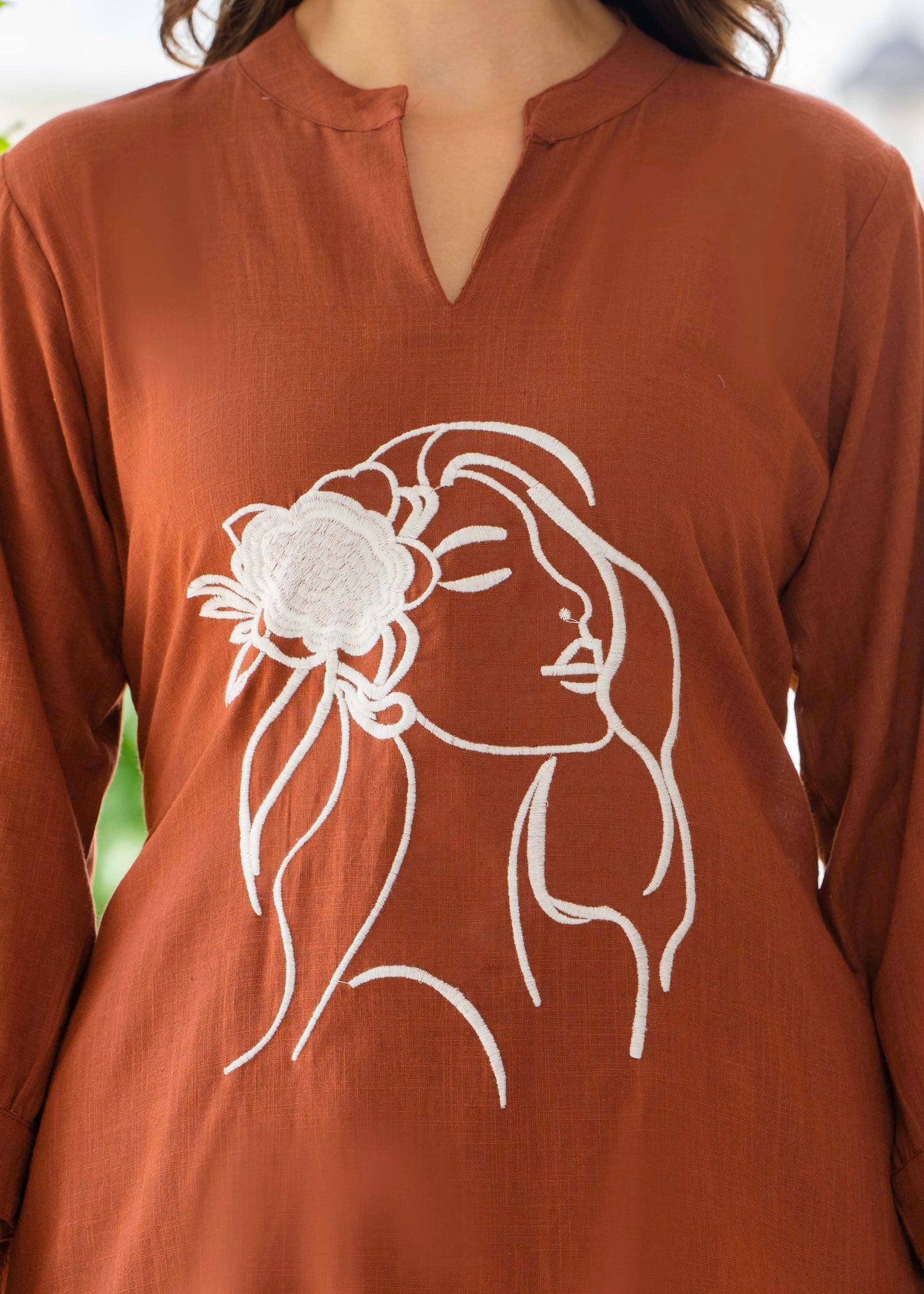 Brown Rust Embroidered Cotton Slub Co-Ord Set