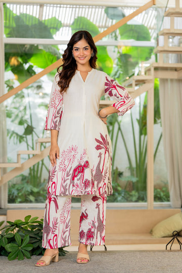 Off White Printed Cotton Flex Co-Ord Set