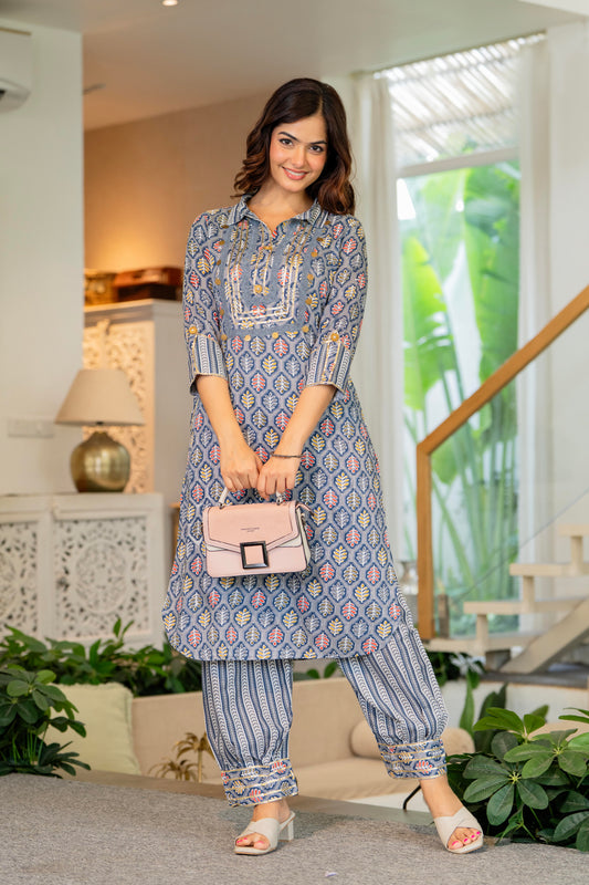 Oslo Grey Embellished Rayon Kurta and Pant Set