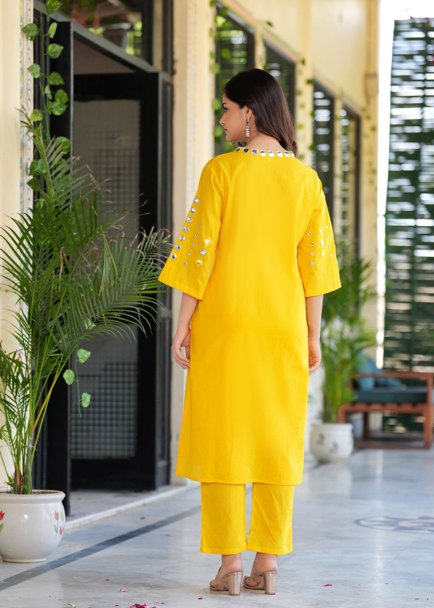 Yellow Mirror Work Cotton Kurta Set