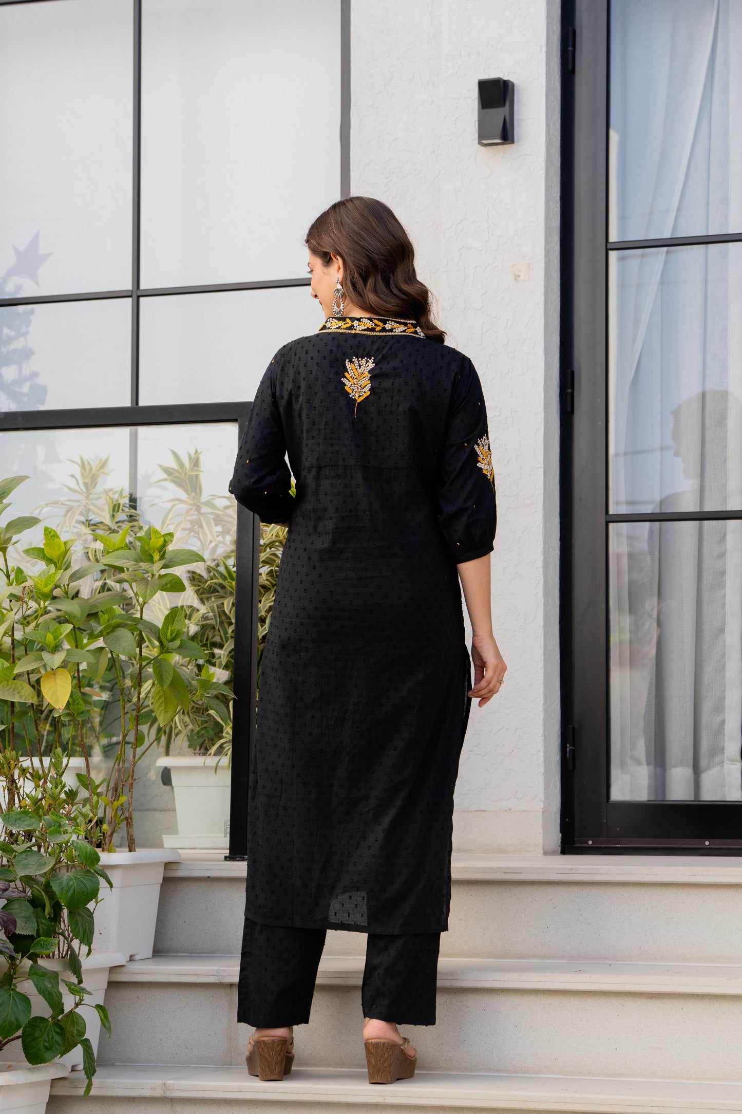 Black Embroidered Cotton Kurta and Pant Set