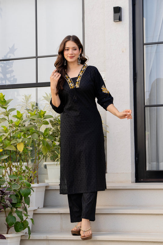 Black Embroidered Cotton Kurta and Pant Set