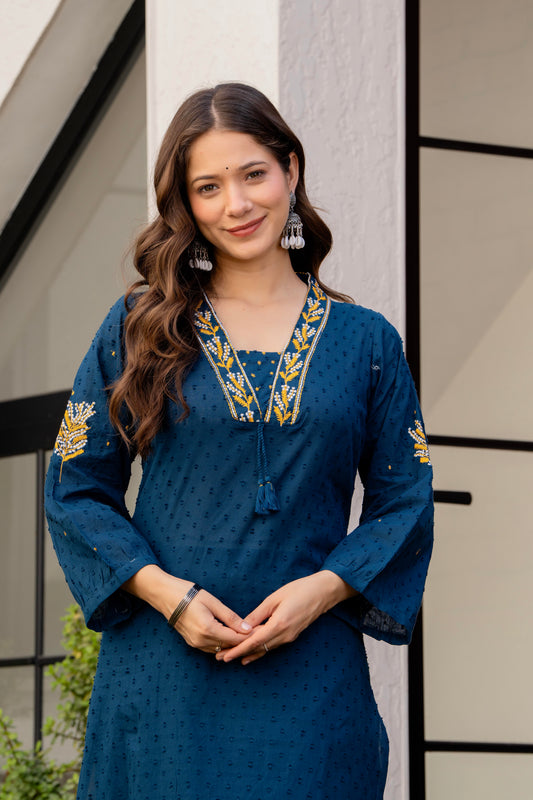 Light Navy Embroidered Cotton Kurta and Pant Set