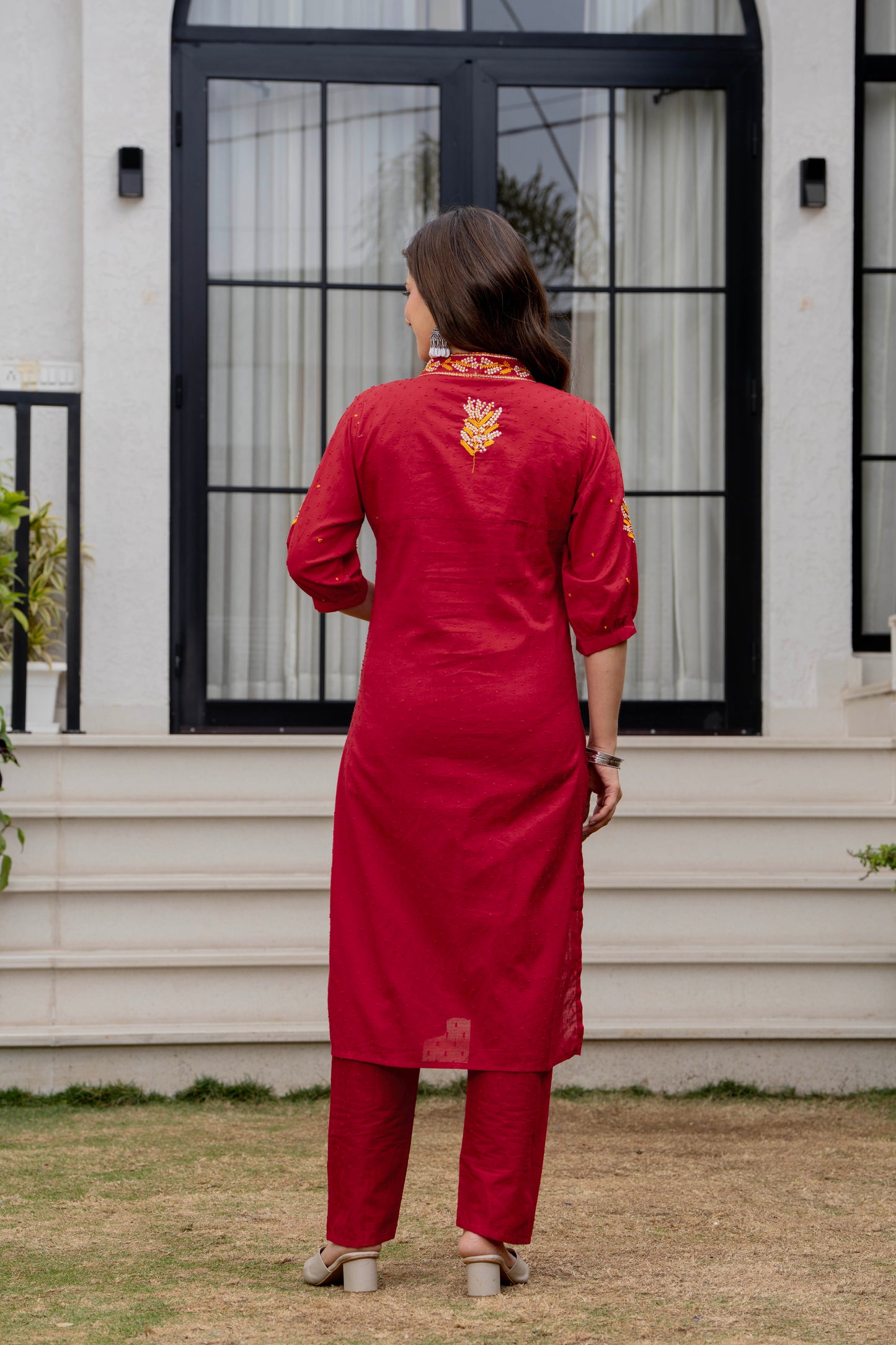 Brick Red Embroidered Ram Boota Kurta and Pant Set
