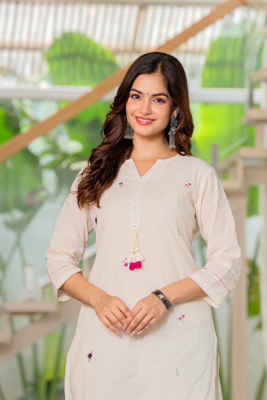 Off White Embroidered Cotton Kurta and Pant Set