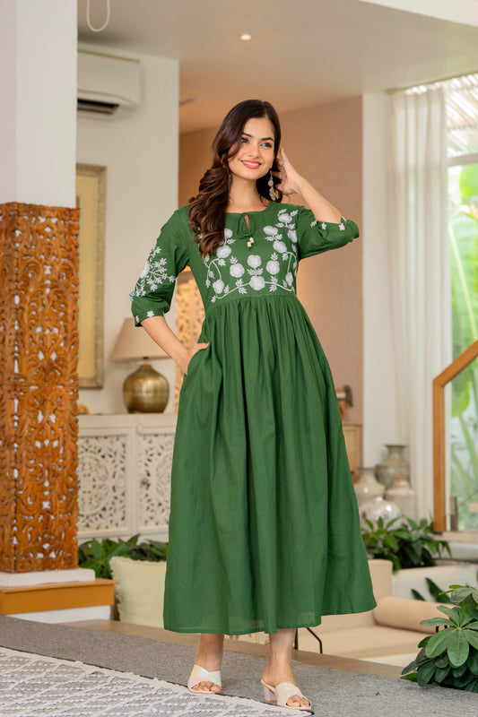 Green Hand Embroidered Cotton Anarkali Gown