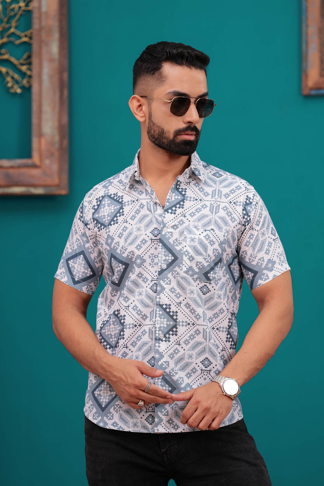 REGENT GREY BLOCK PRINTED SHIRT