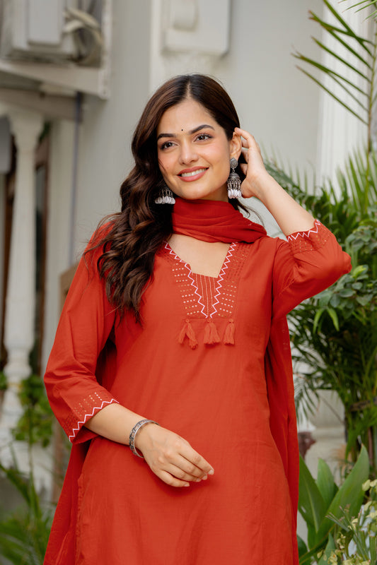 Orange Embroidered Cotton Kurta and Pant Set with Dupatta