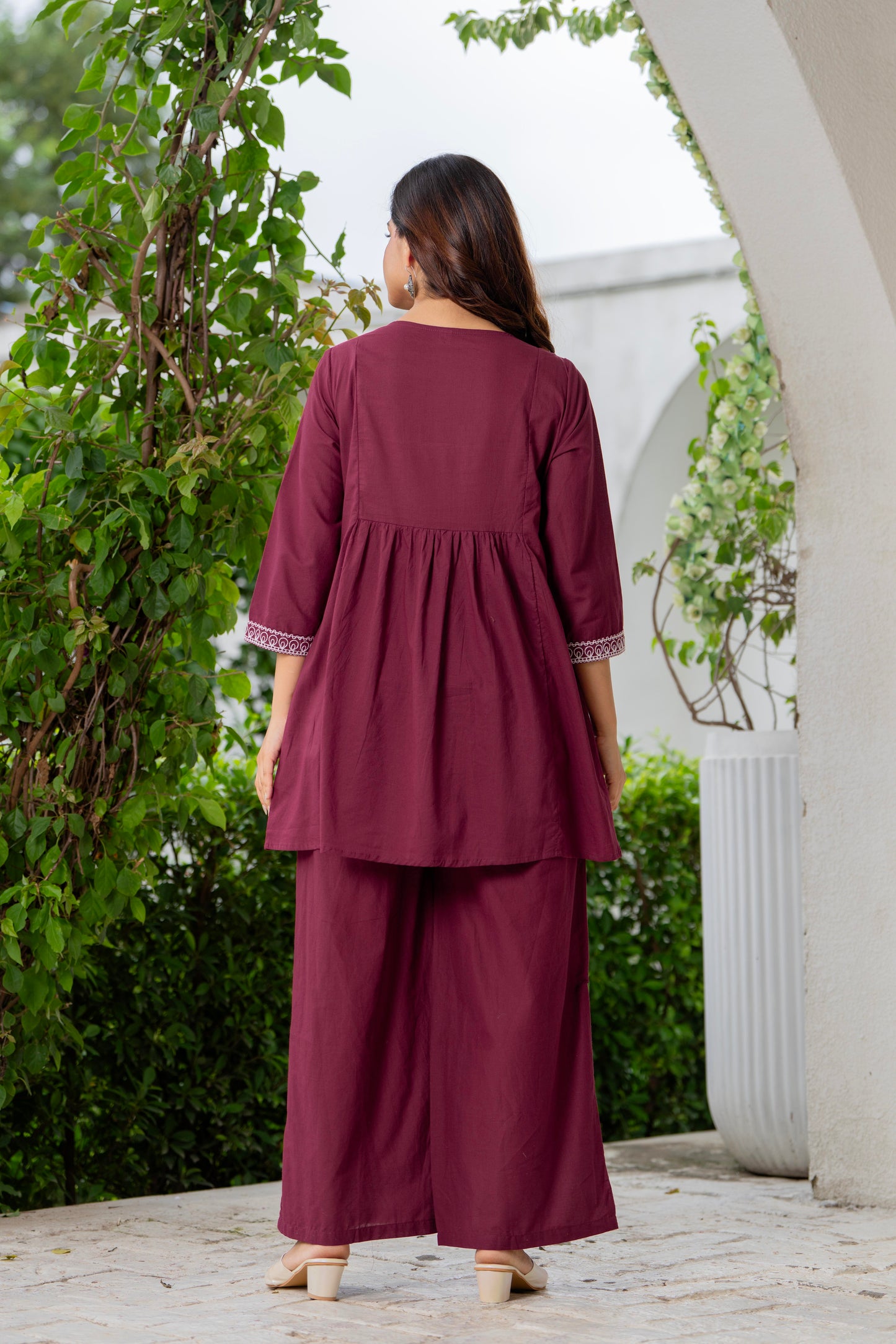 Maroon Embroidered Cotton Co-Ord Set
