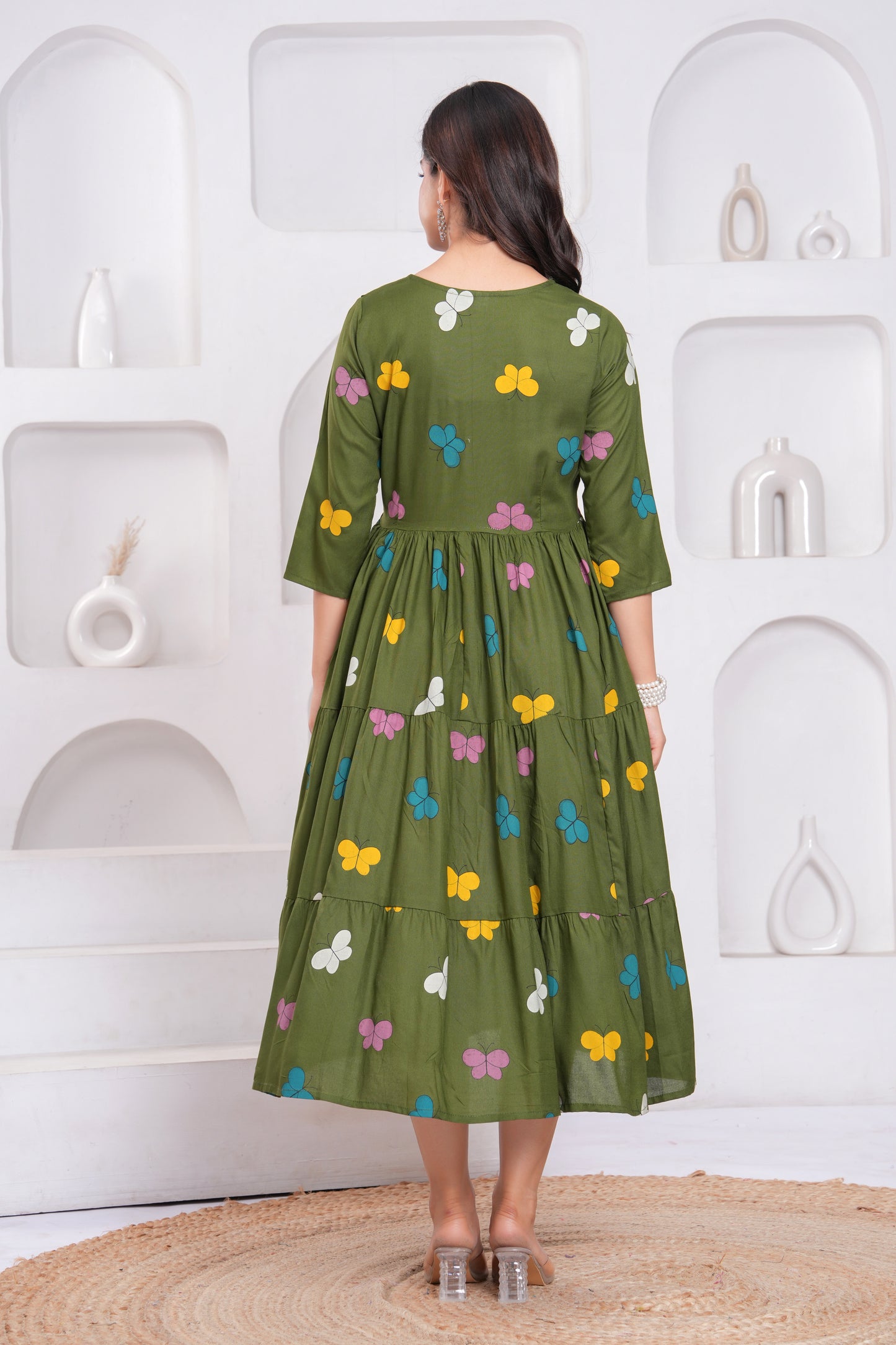 Green Butterfly Printed Rayon Anarkali Gown