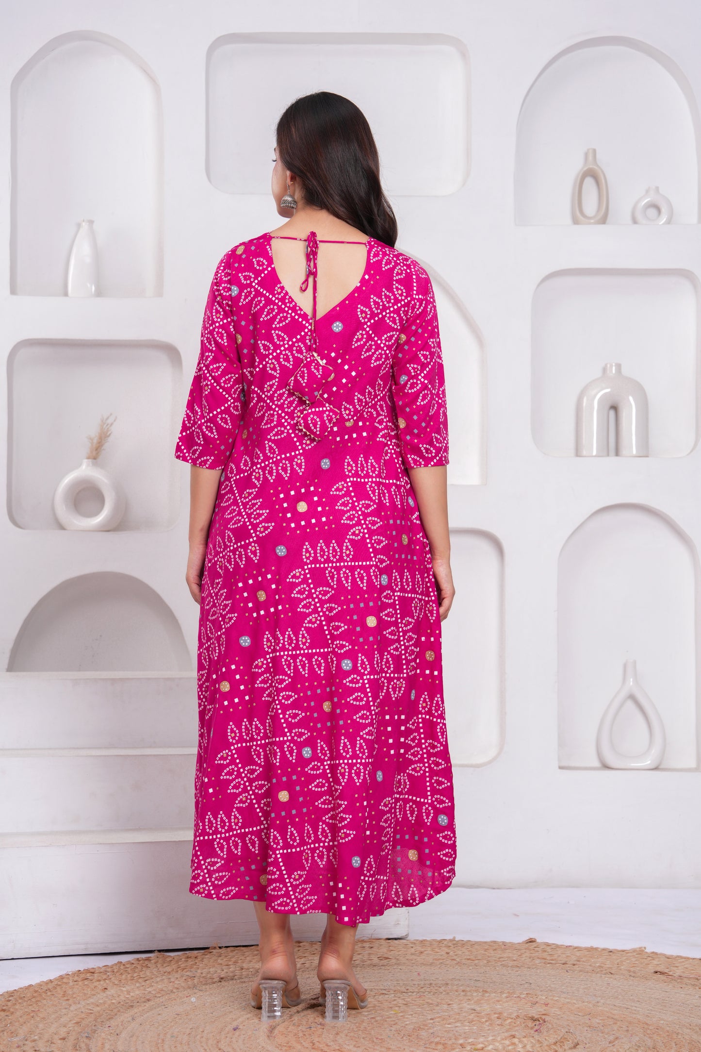 Pink Bandhej Printed Rayon Anarkali Gown with Dupatta
