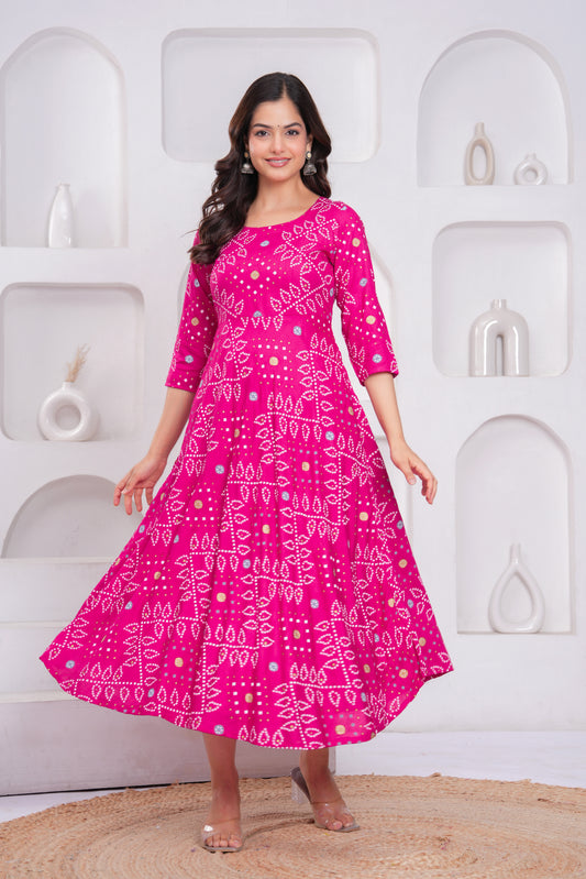 Pink Bandhej Printed Rayon Anarkali Gown with Dupatta