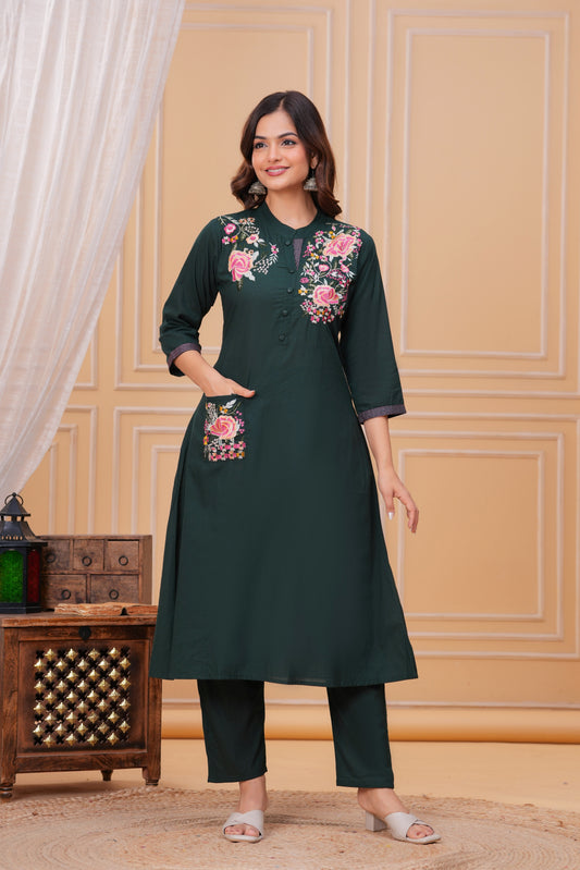 Dark Green Embroidered Cotton Kurta and Pant Set
