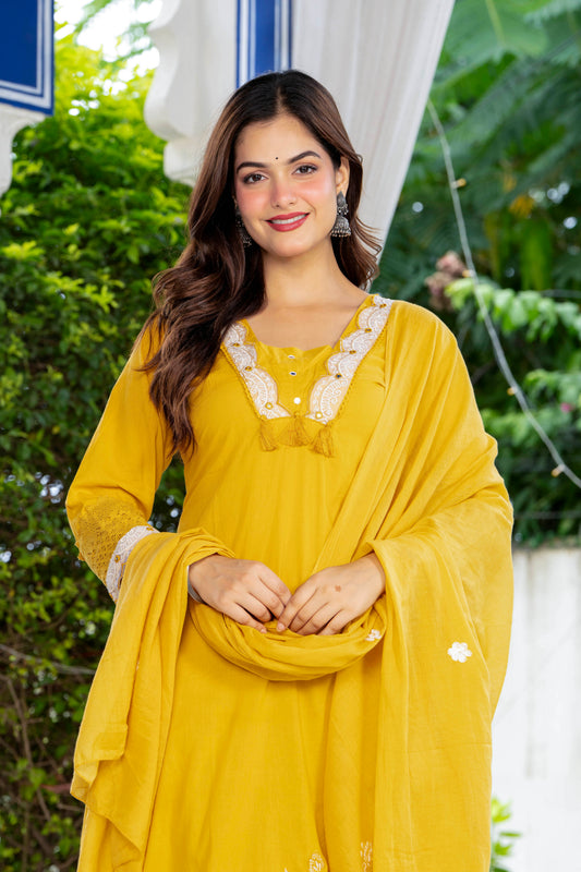 Yellow Embroidered Cotton Kurta and Pant Set with Dupatta
