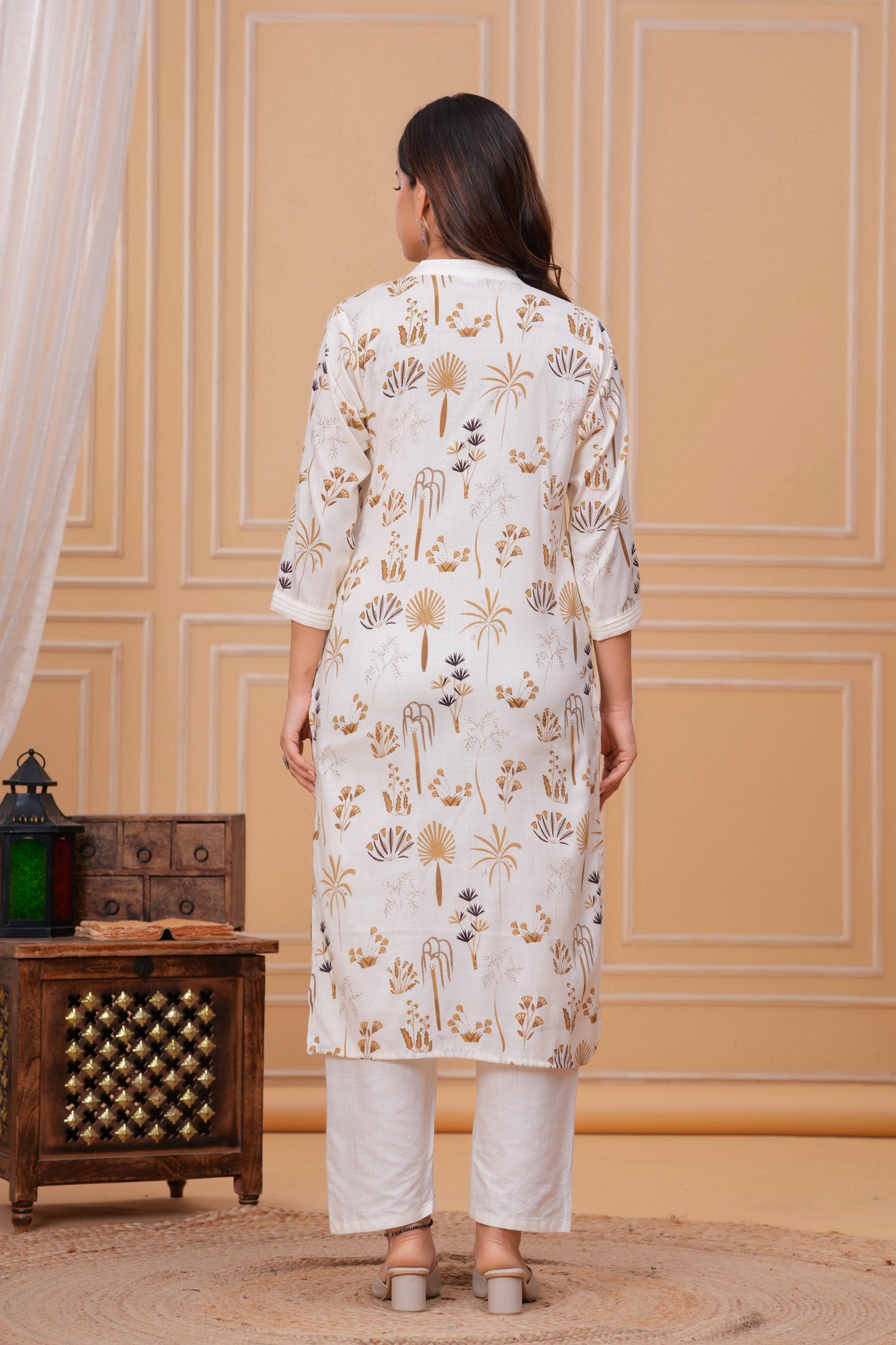 Golden White Printed Cotton Kurta and Pant Set