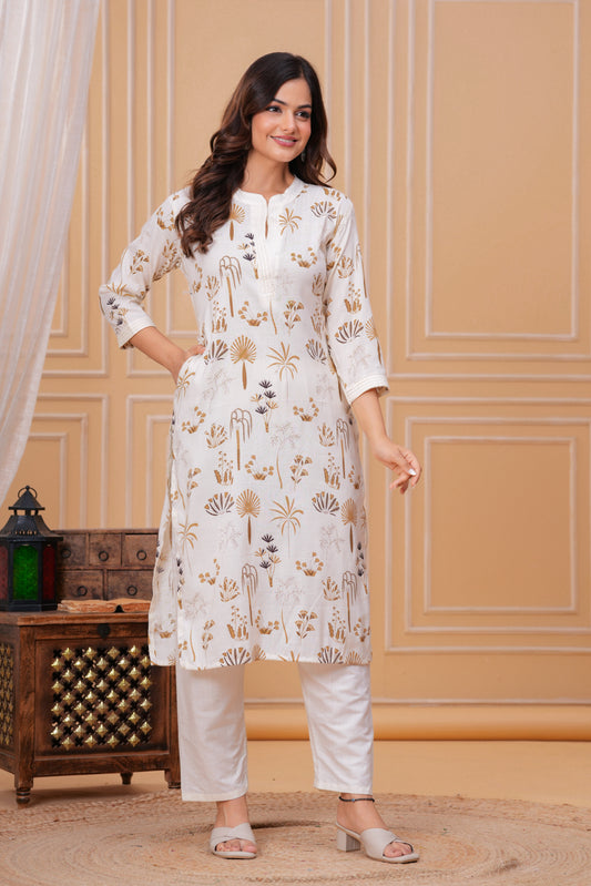 Golden White Printed Cotton Kurta and Pant Set