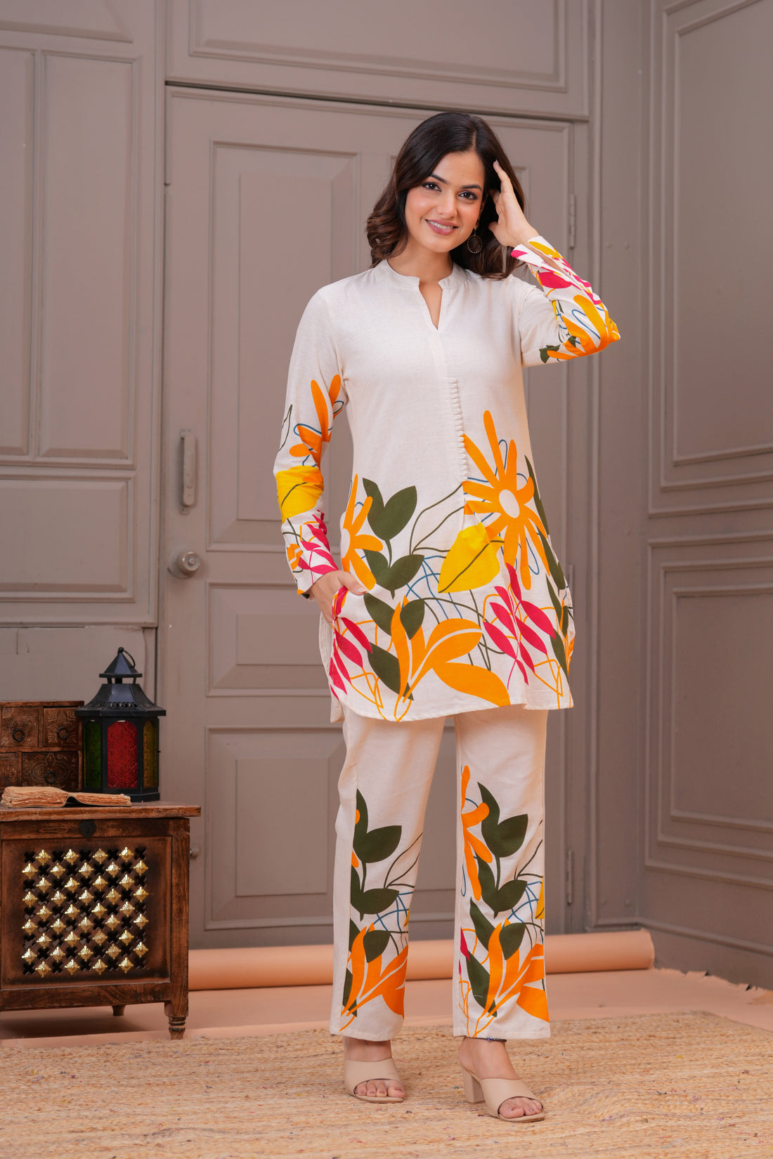 Off White Printed Cotton Flex Co-Ord Set