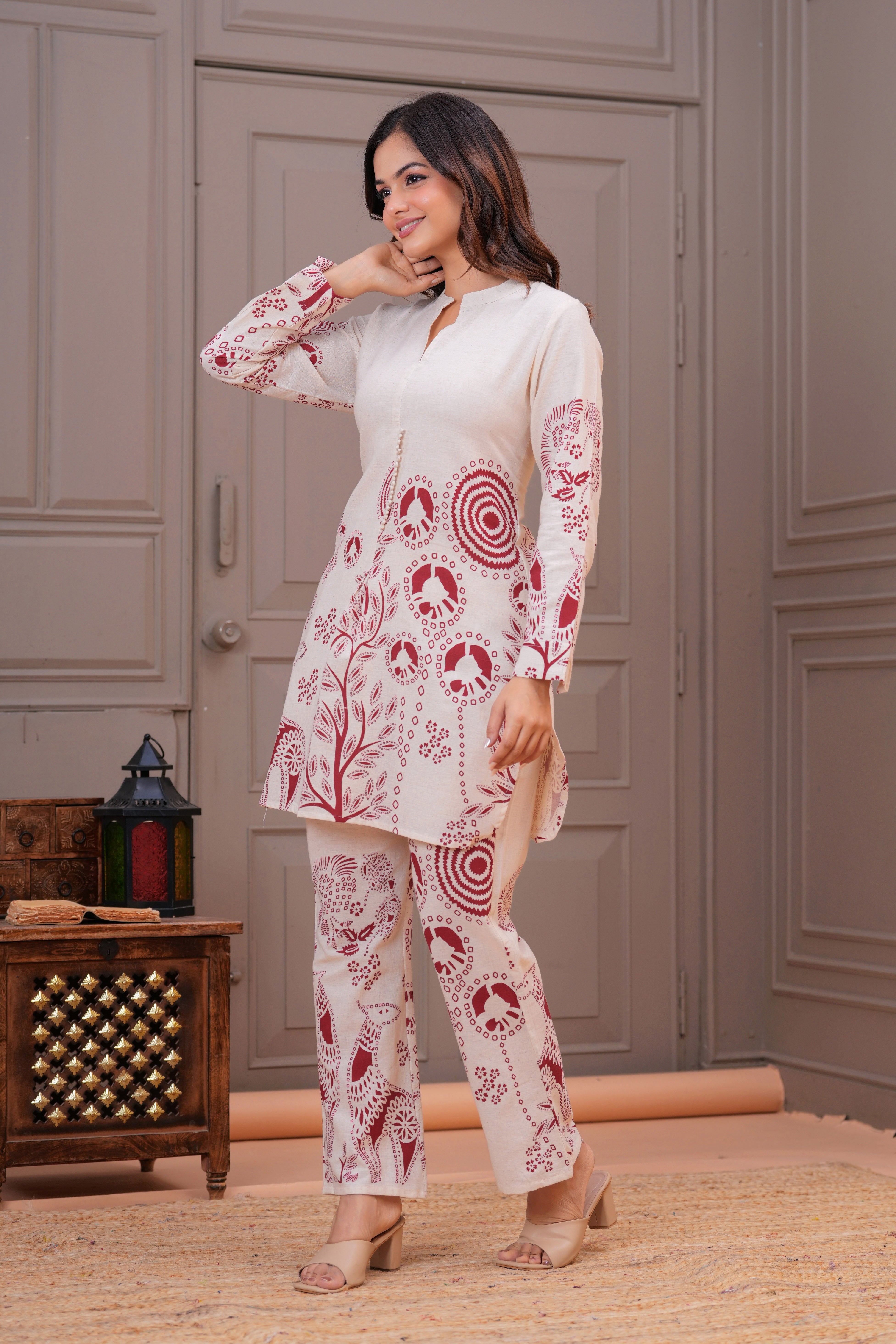 Off White Printed Cotton Flex Co-Ord Set