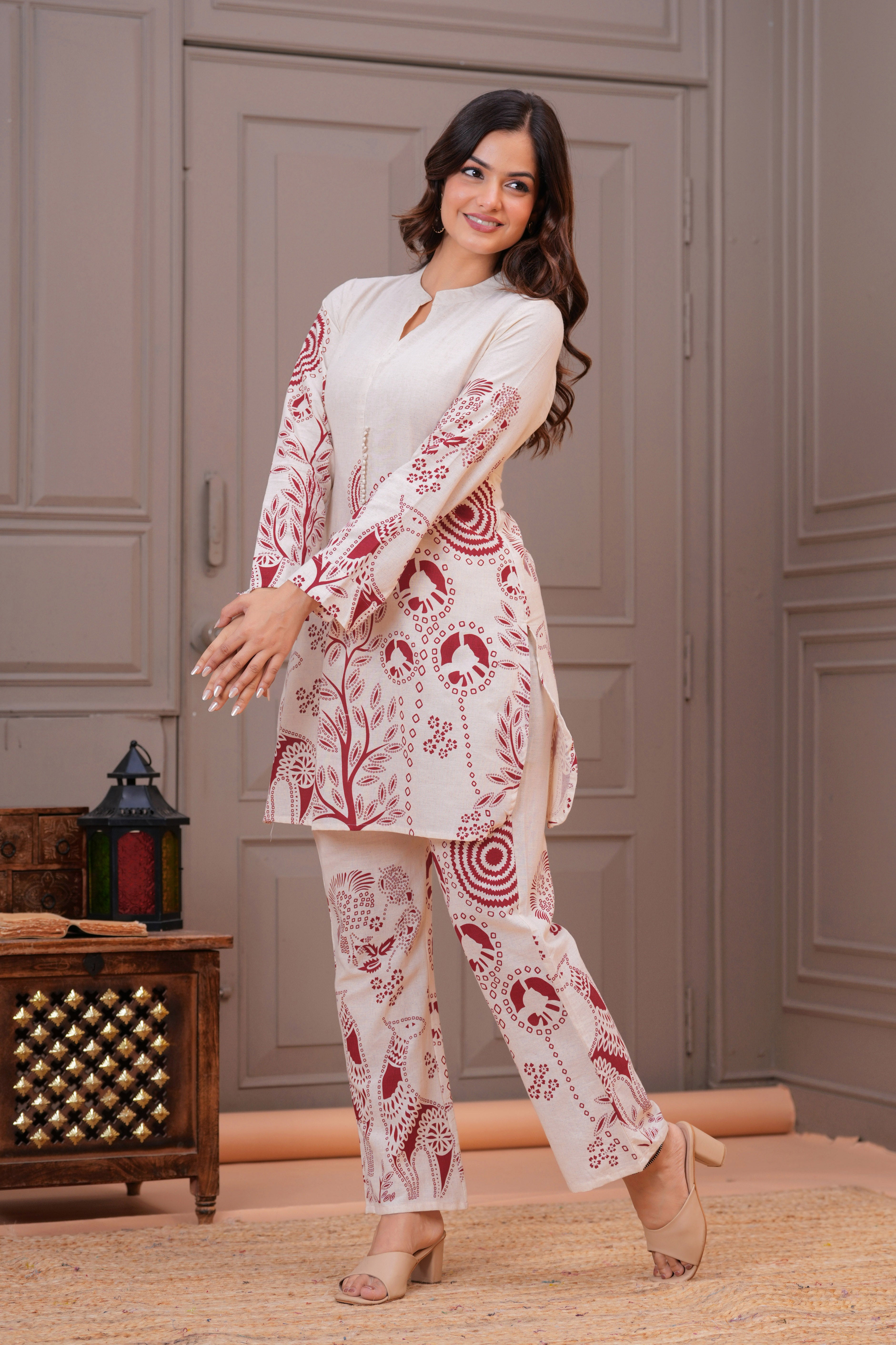 Off White Printed Cotton Flex Co-Ord Set