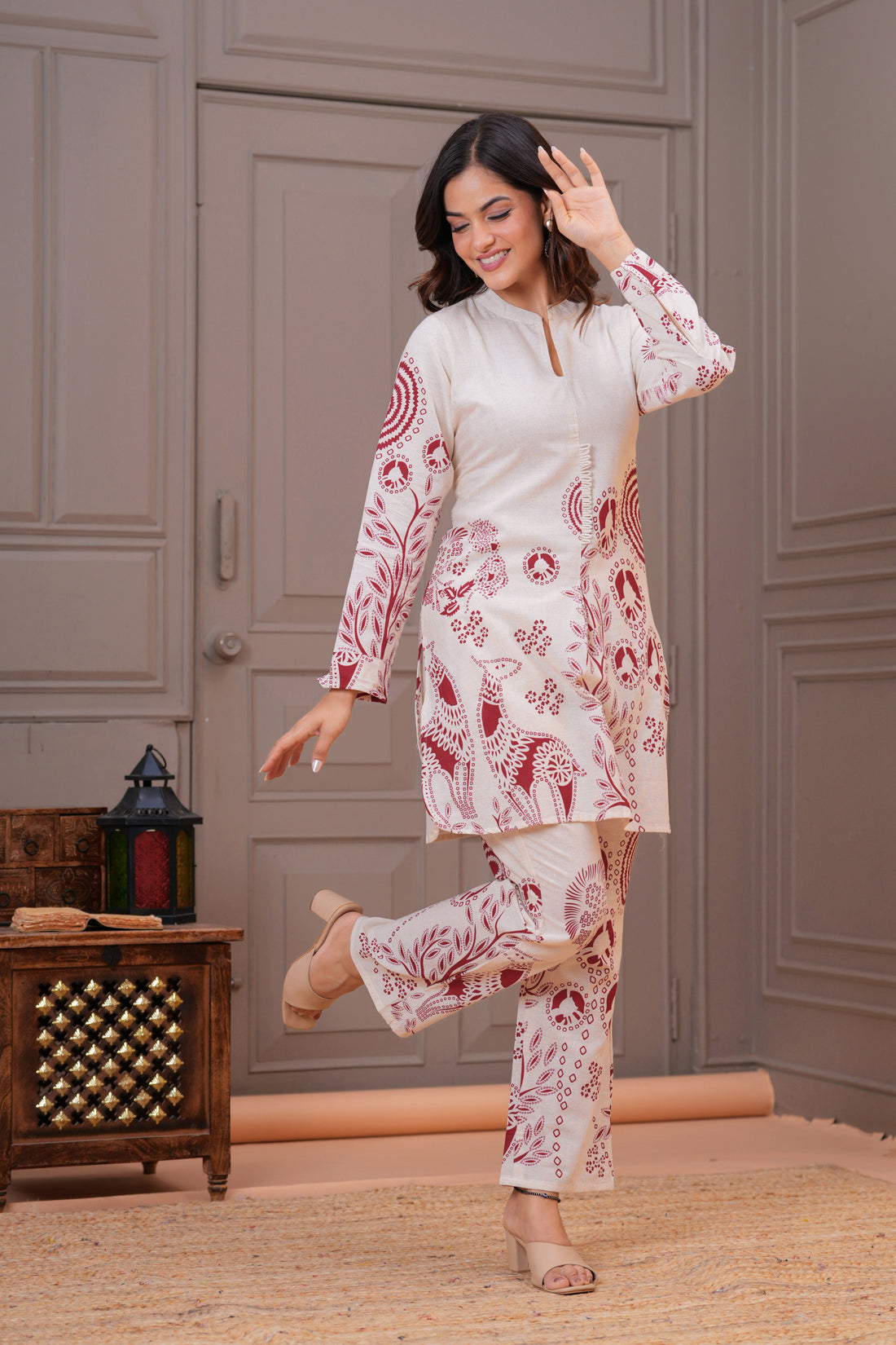 Off White Printed Cotton Flex Co-Ord Set