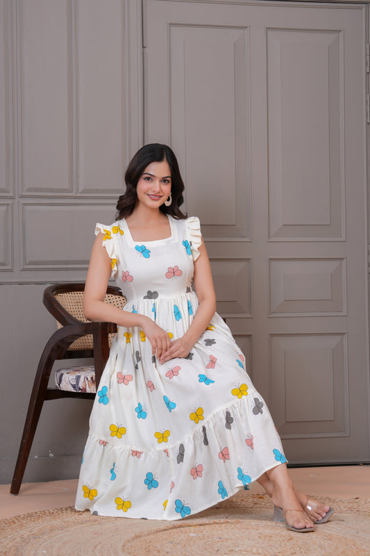 White Butterfly Printed Rayon Anarkali Gown