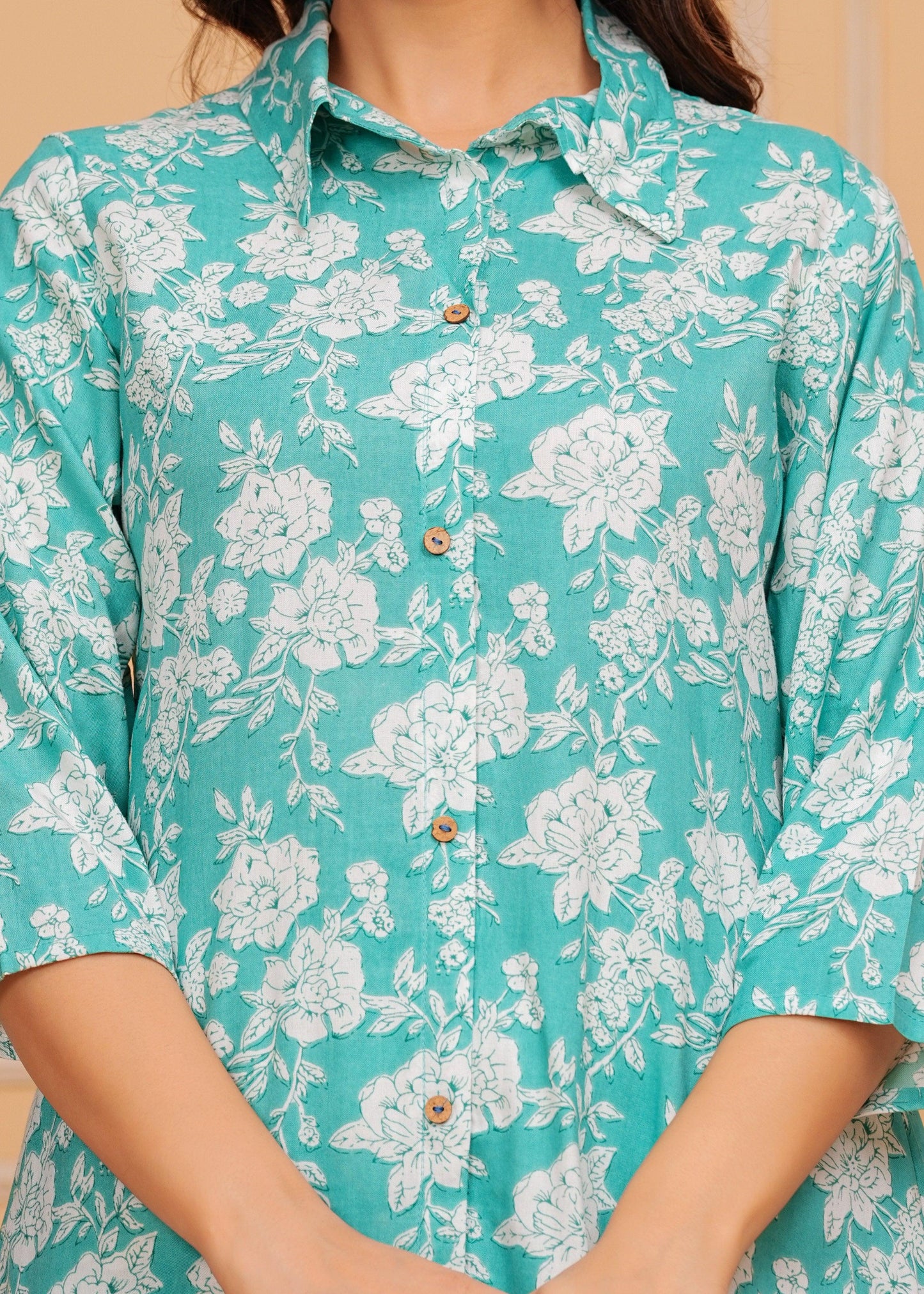 Downy White Floral Printed Rayon Co-Ord Set