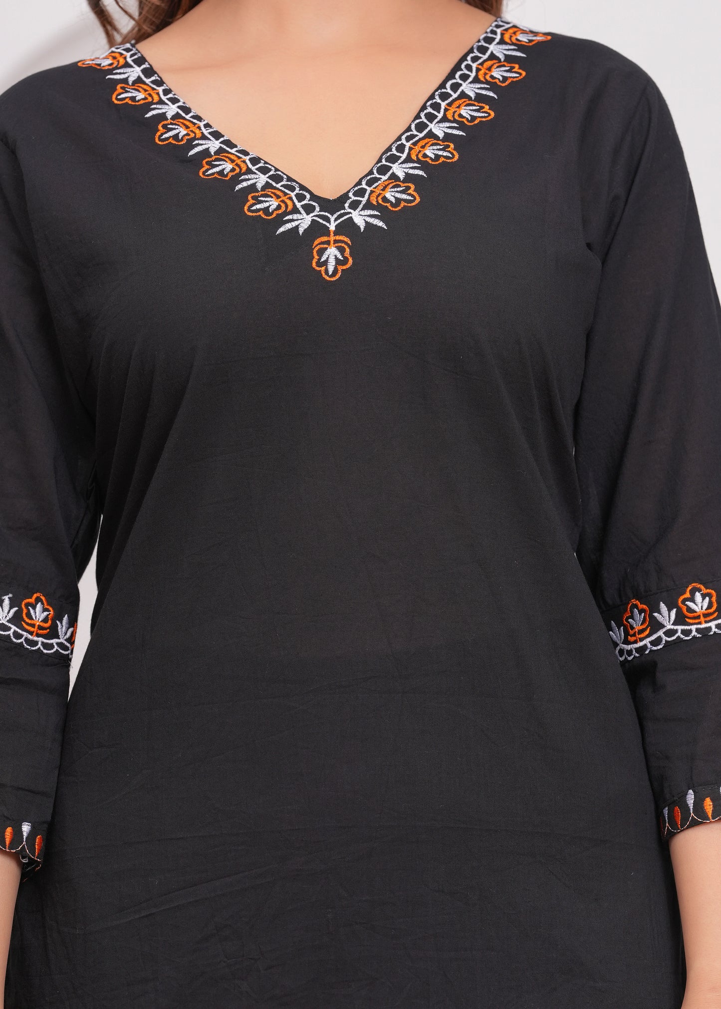 Black Embroidered Cotton Kurta and Pant Set with Khadi Dupatta