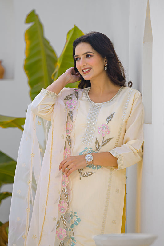 Desert Sand Embroidered Roam Sillk Suit Set with Dupatta