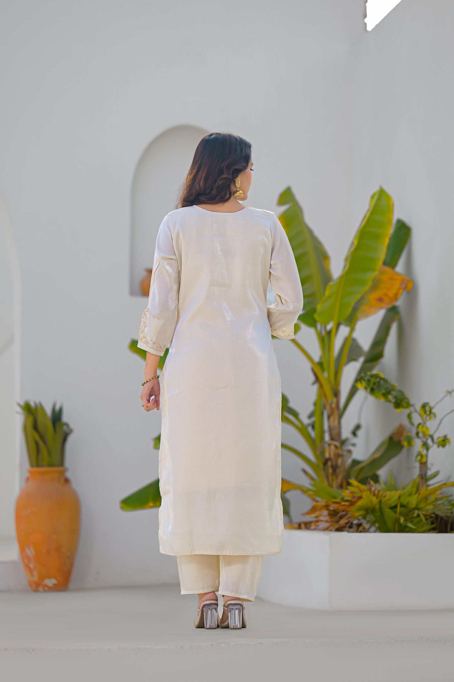 Vanilla Embroidered Glass Roman Silk Suit Set with Dupatta