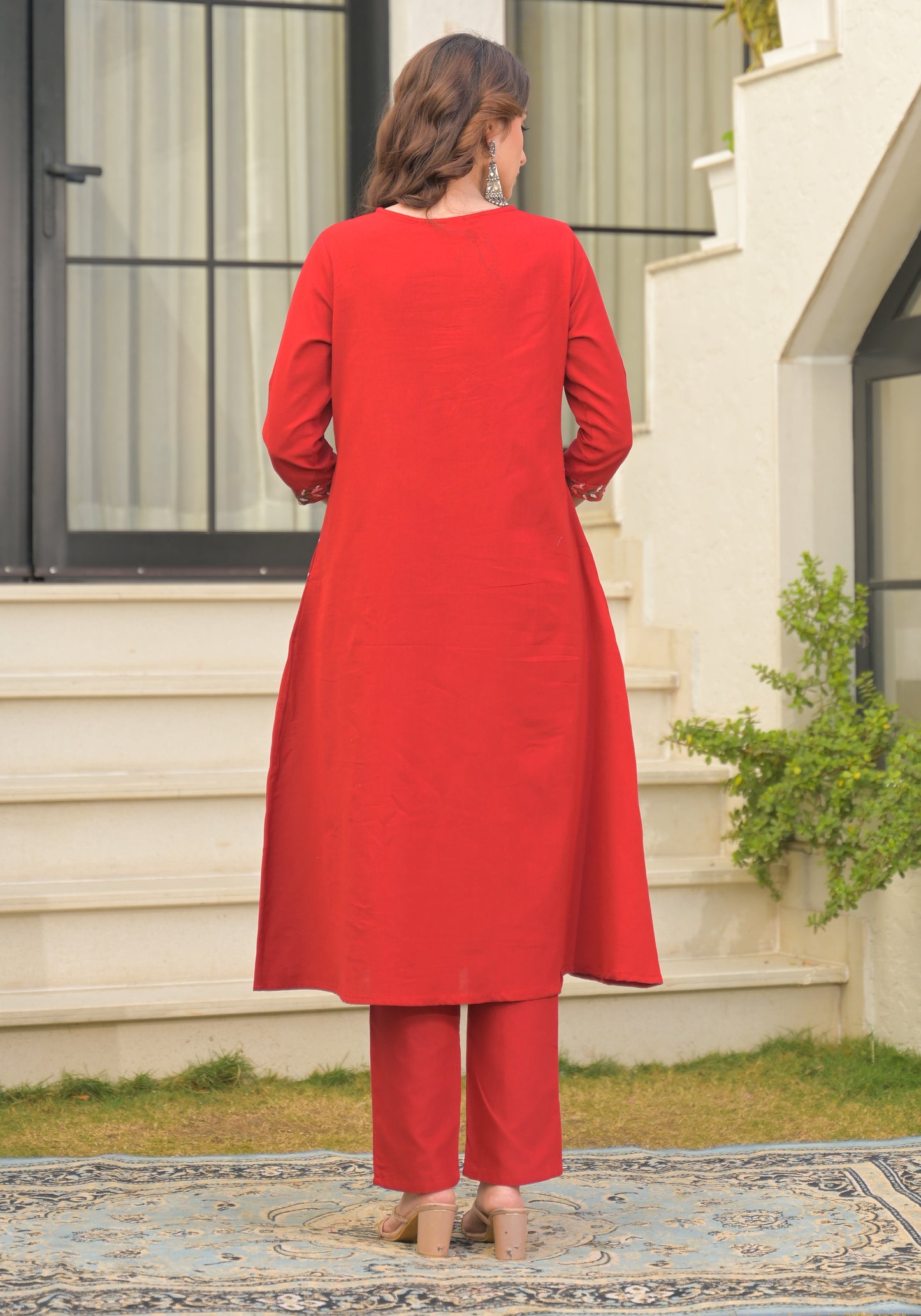 Red Embroidered Cotton Flex Kurta and Pant Set