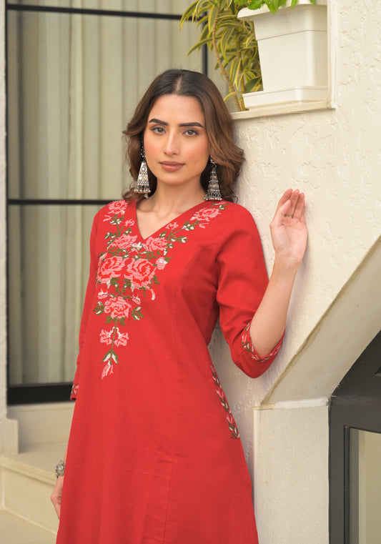 Red Embroidered Cotton Flex Kurta and Pant Set