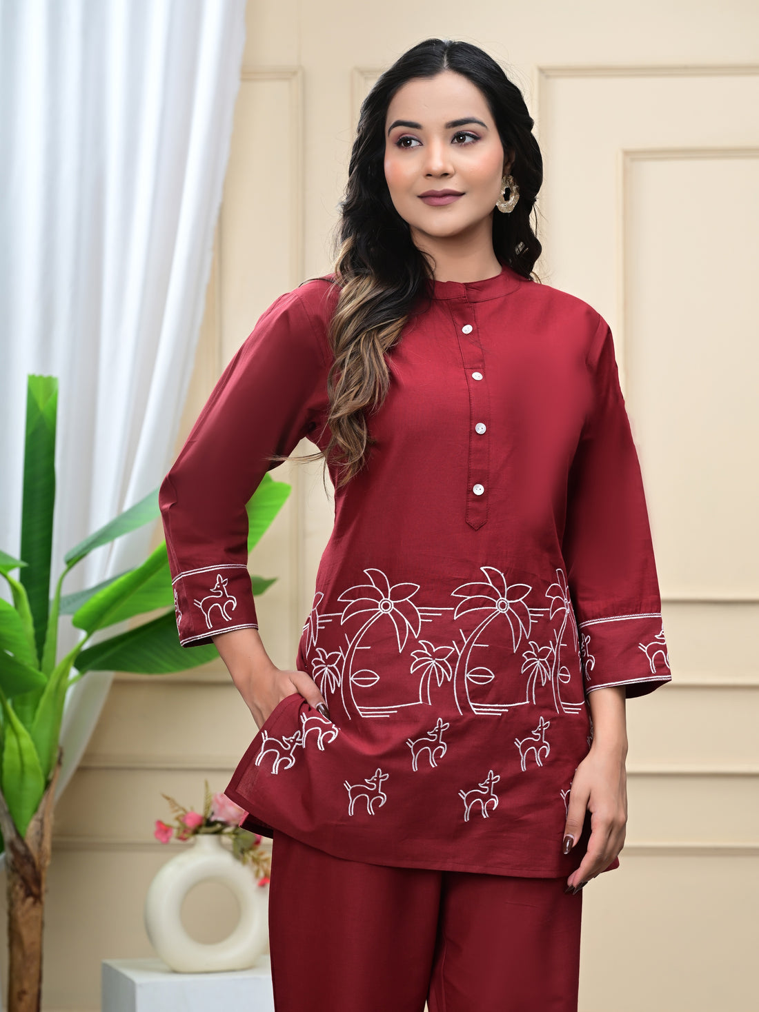 Maroon Embroidered Cotton Co-Ord Set
