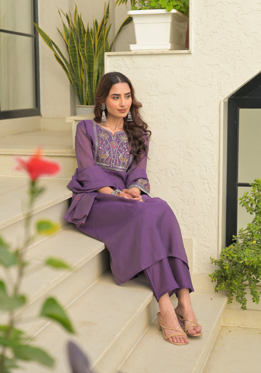 Plum Purple Embroidered Pure Mul Chanderi Suit Set (Copy)