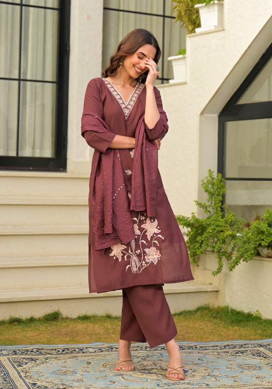 Copper Rose Embroidered Roman Silk Kurta and Pant Set with Dupatta