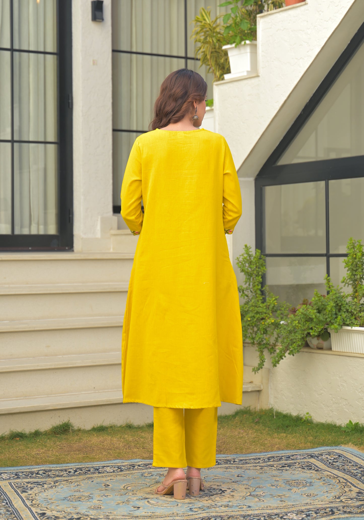 Mustard Embroidered Cotton Flex Kurta and Pant Set