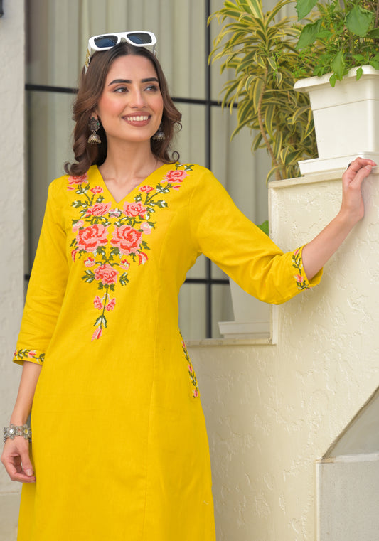 Mustard Embroidered Cotton Flex Kurta and Pant Set