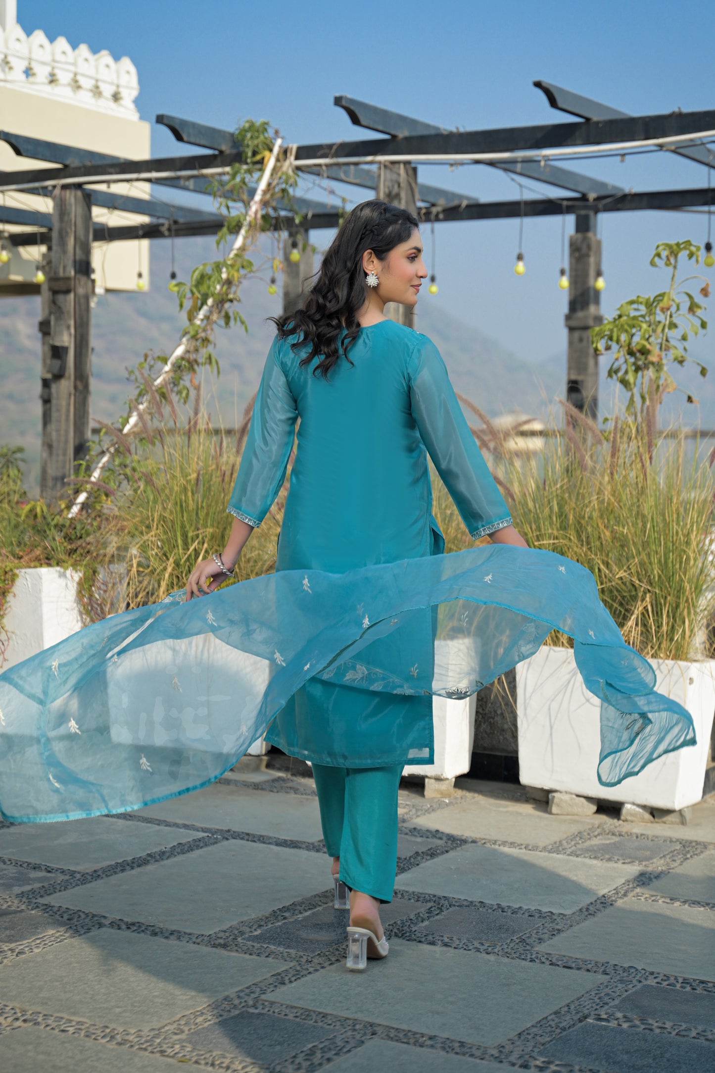 Eastern Blue Embroidered Roman Silk Suit Set