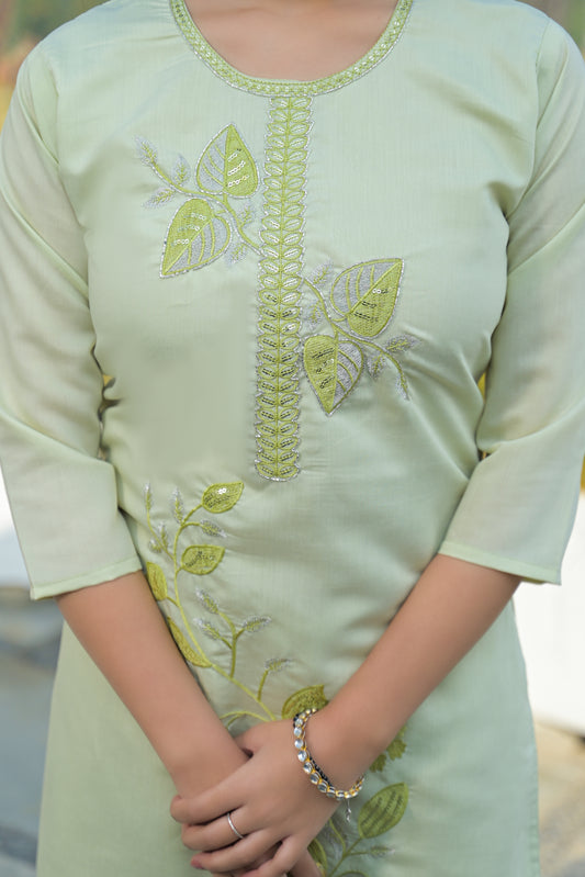 Pixie Green Embroidered Roman Silk Suit Set