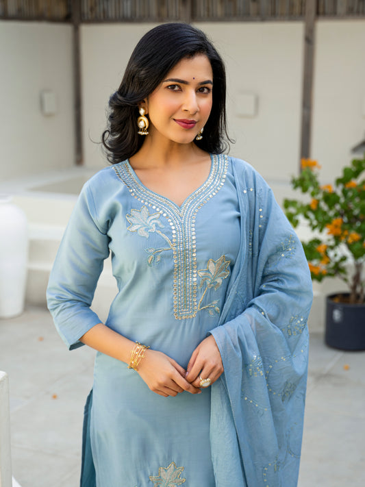 Cloudy Blue Embroidered Roman Silk Kurta and Pant Set with Dupatta (Copy)