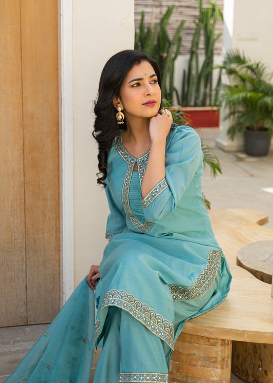 Fountain Blue Embroidered Roman Silk Kurta and Pant Set with Dupatta