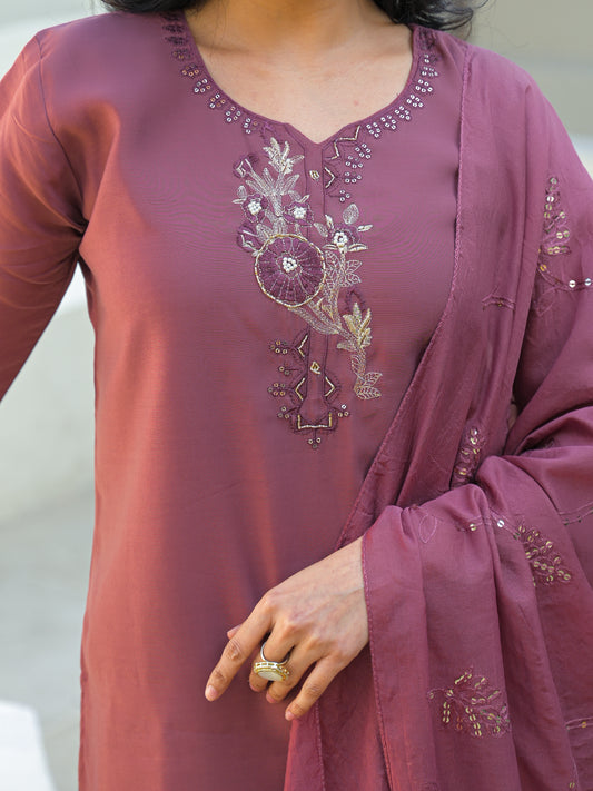 Turkish Rose Embroidered Roman Silk Kurta and Pant Set with Dupatta