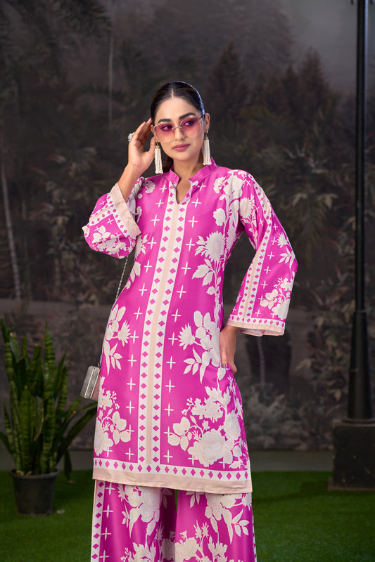 Pink White Printed Turkish Modal Satin Silk Co-Ord Set